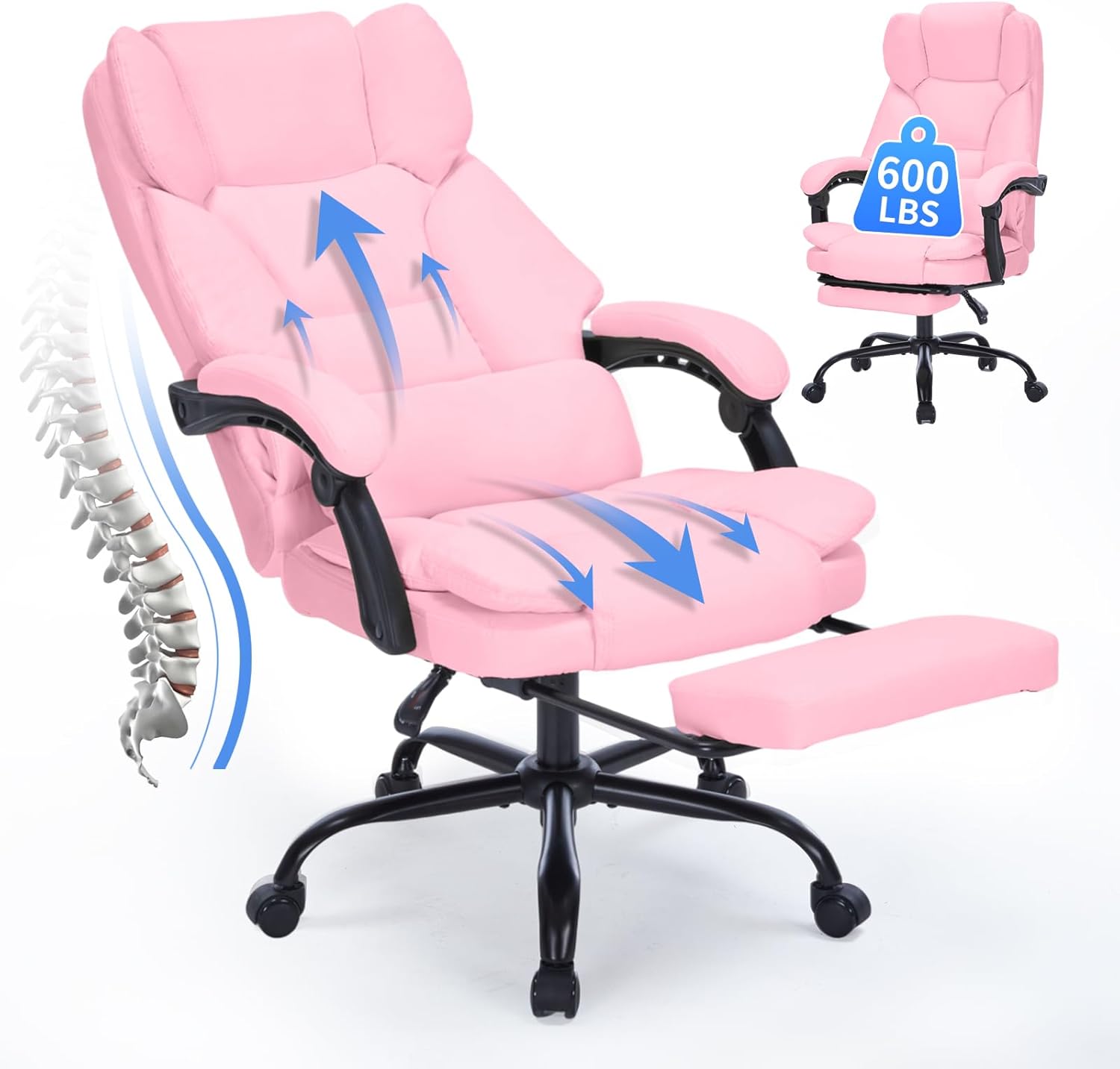 600lbs Office Chair with Footrest, Executive Chair with Padded Armrests, Reclining Desk Chair with Lumbar Support, High Back Leather Chair for Heavy People (Pink)