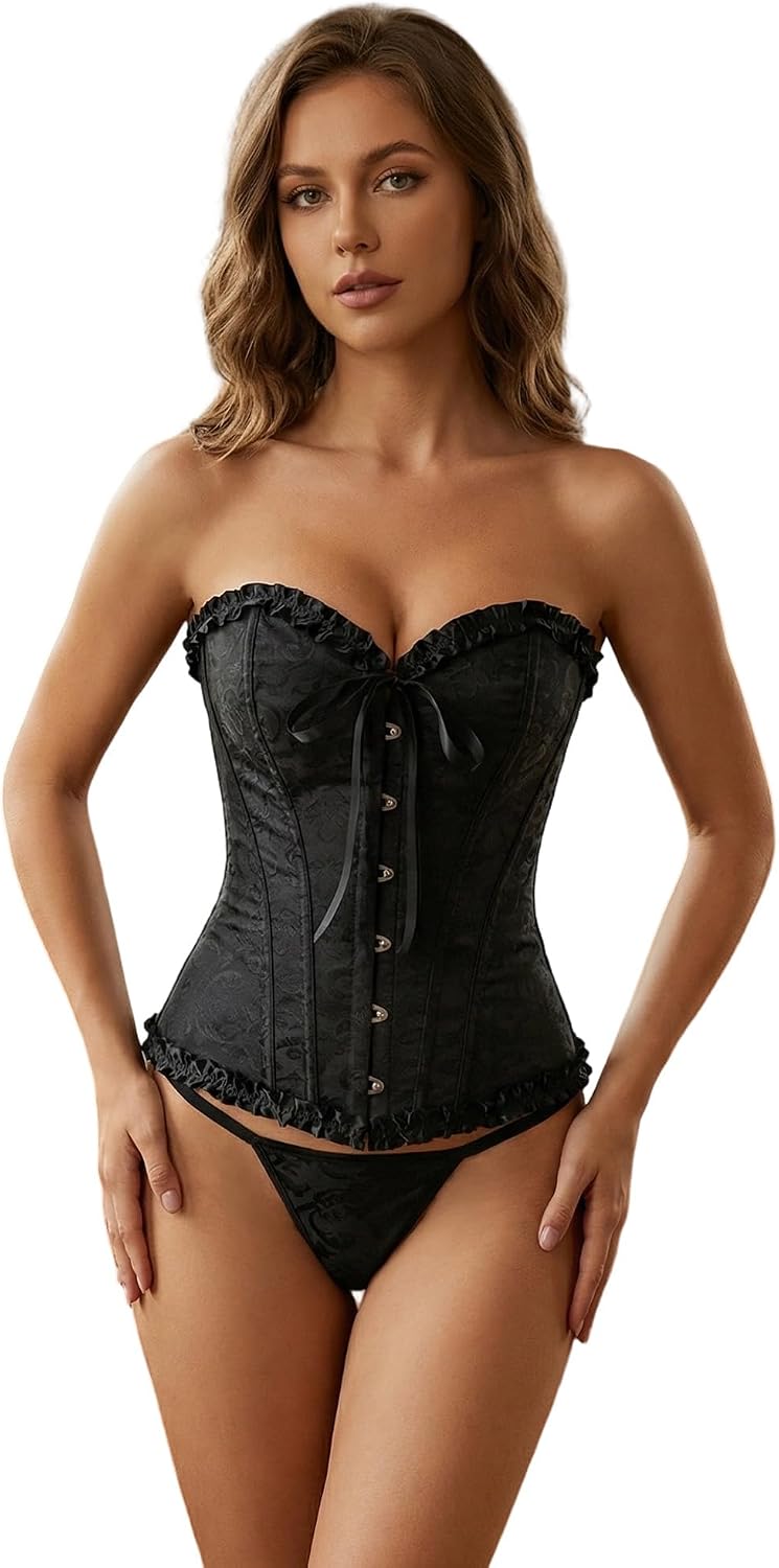 Women Sexy Floral Ruffle Bustier Lace Off Shoulder Bodyshaper Back Tie Up Fishbone Corset Overbust Lingerie Top