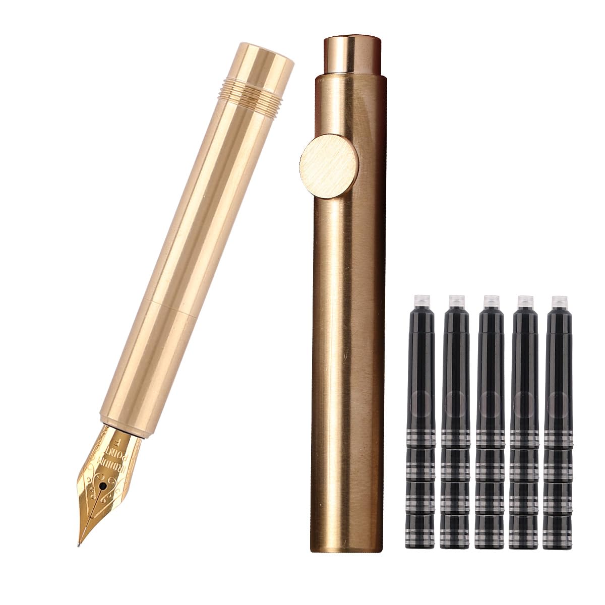 SIPLIV Brass Fountain Pen (85mm) Short Paragraph Pocket Mini Travel Pen Iridium Fine Nib Fountain Pen with 20 Pcs Black Ink Cartridges, Cylinder