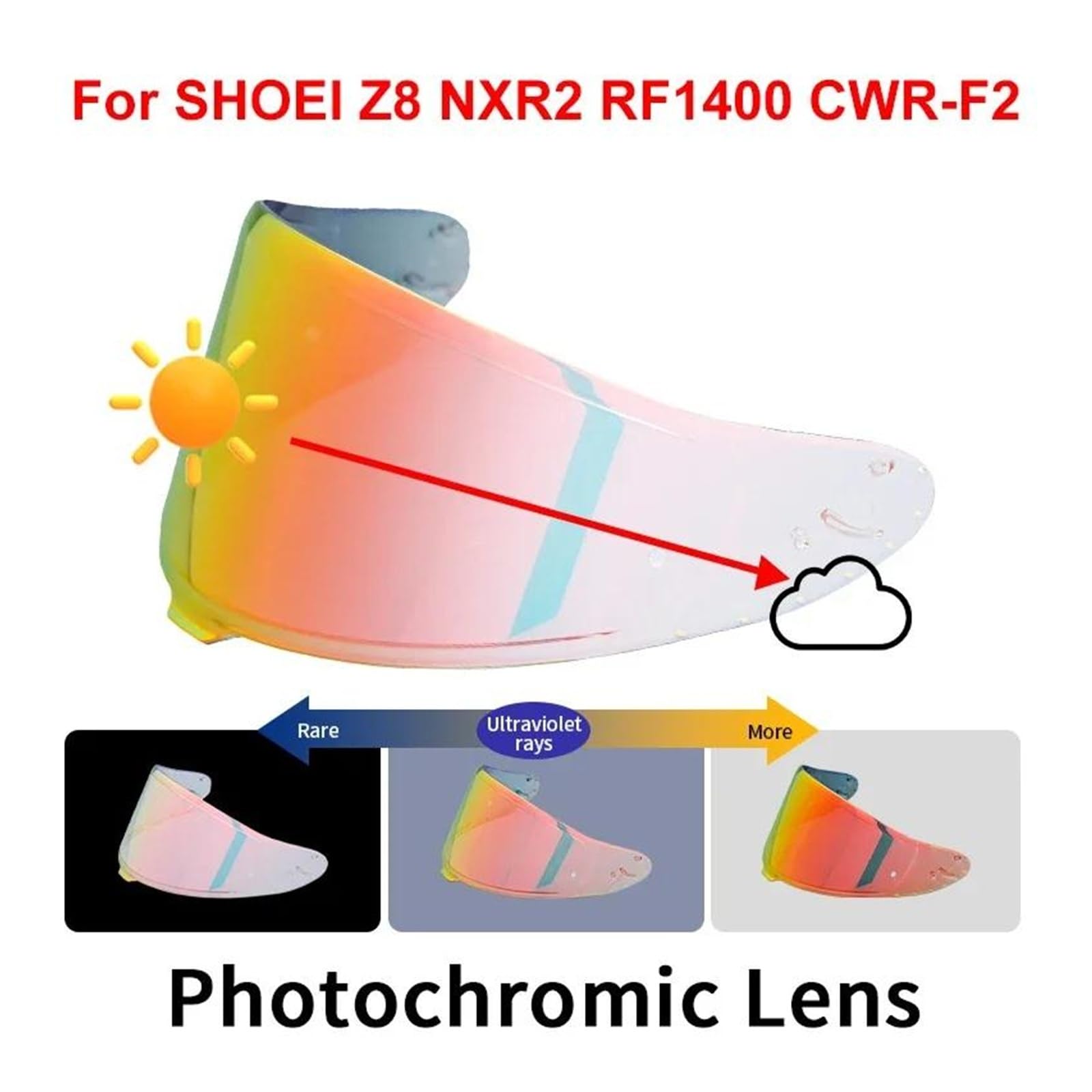 Motociclo Visiera fotocromatica for casco SHOEI RF1400 RF-1400 NXR2 CWR-F2 Z8 CWR-F2R X15 X-15 X-Fifteen X-SPR Pro con lenti autocromatiche (fotocromatica rossa)