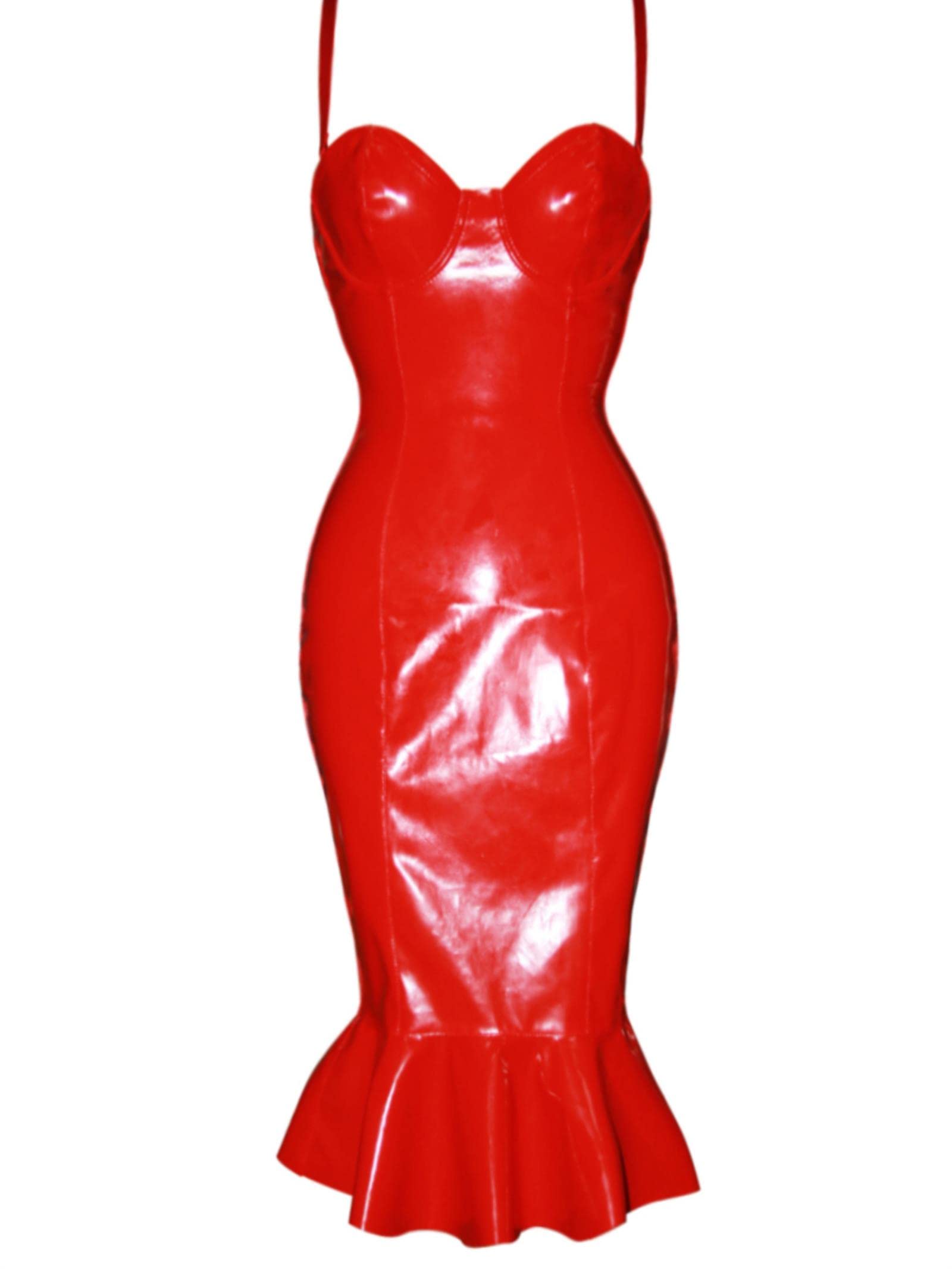 COOKOE Red Black PVC Wet look Leather Strapless Ruffle Mermaid Bodycon Dresses Women Sexy Off Shoulder Club Party Dress Plus Size