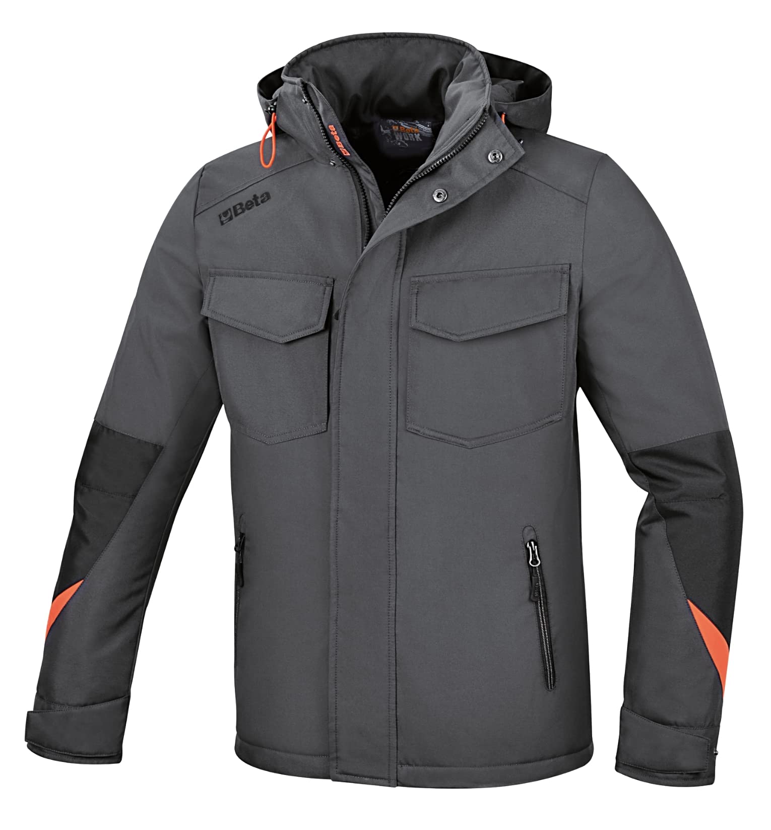 Beta Chaqueta de Trabajo de poliéster Oxford 300D Impermeable, con Revestimiento de PU, Gris con Cierre Frontal Doble con Cremallera y Botones automáticos, Multibolsillos para Hombre