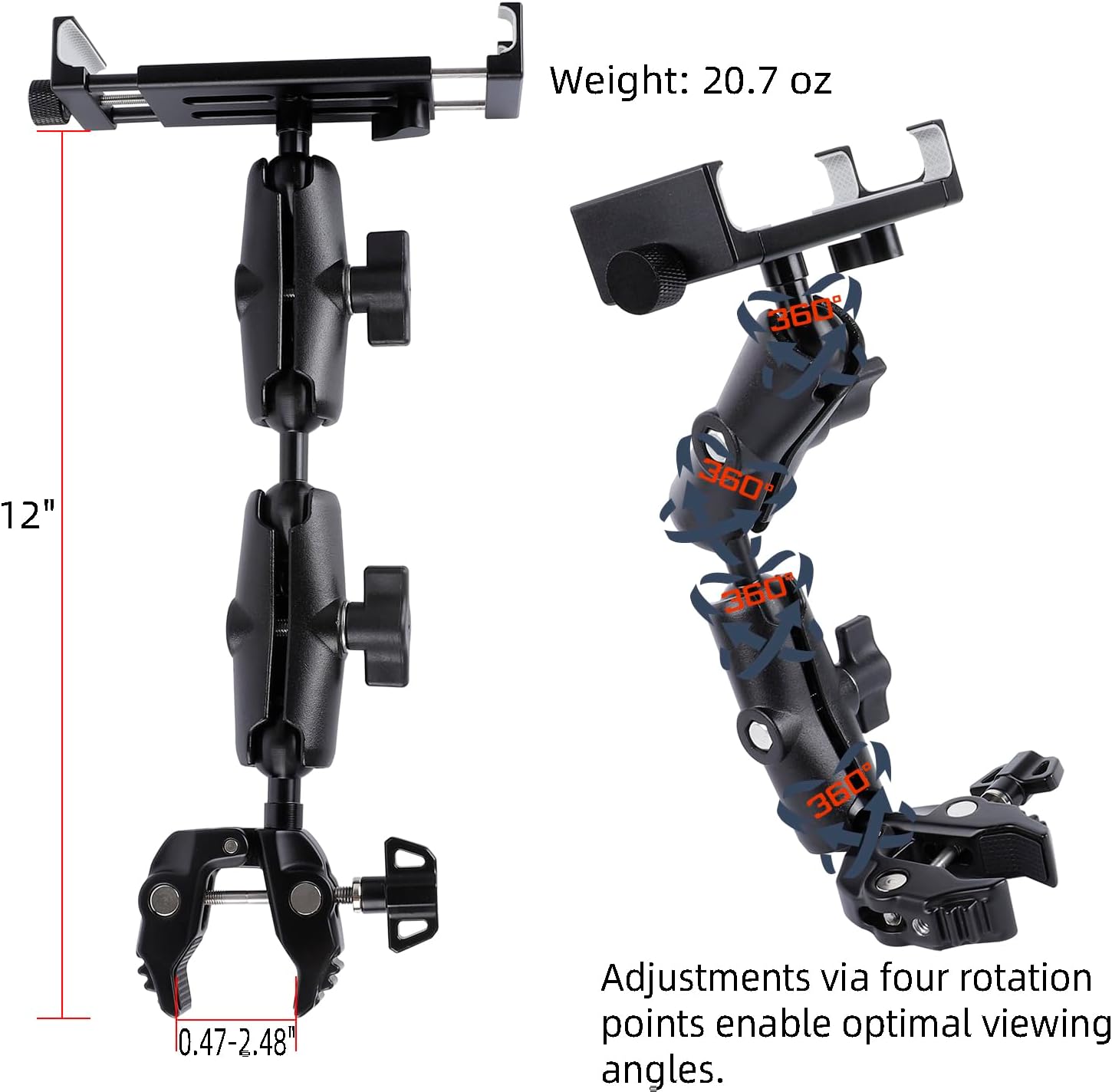 Aluminum Dual Arm Tablet Mount with Super Clamp for Rails 0.5'' to 2'' in Diameter, Side Mount Tablet Holder for Mic Stand, Compatible with iPad Pro 12.9 Air Mini, Galaxy Tab, 4.7-12.9" Tablets