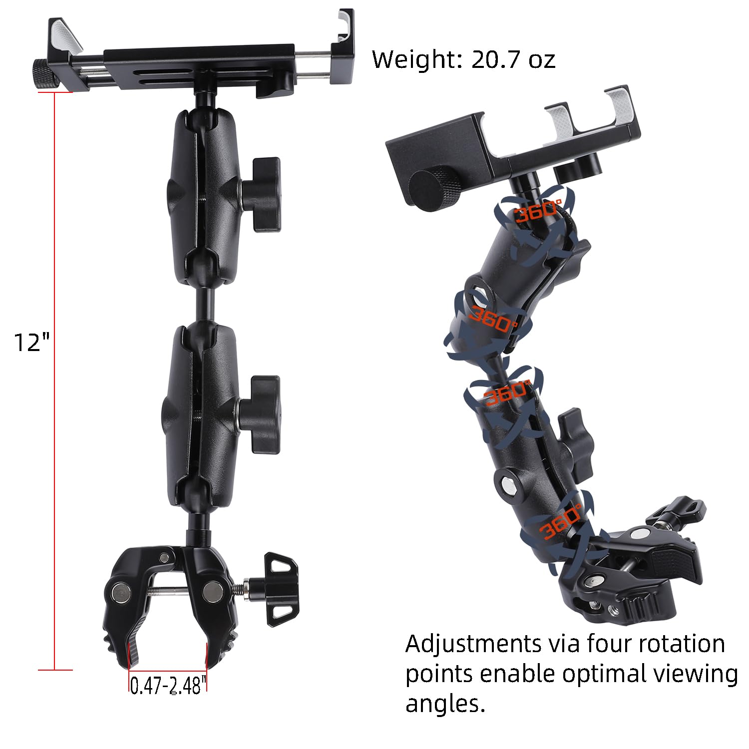 Soporte de aluminio de doble brazo para tablet con súper abrazadera para rieles de 0.5 a 2 pulgadas de diámetro, soporte lateral para tablet para soporte de micrófono, compatible con iPad Pro 12.9 Air