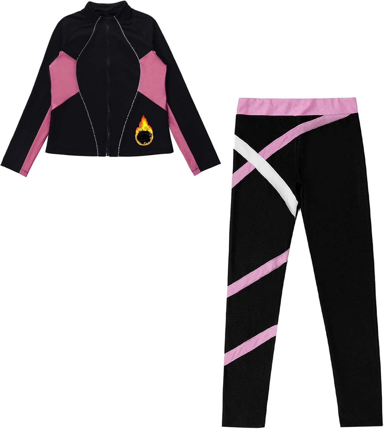 Kaerm Kids Girls Figure Skating Pants Outfits Gym Workout Tracksuit Color Block Fleece Jacket and Leggings
