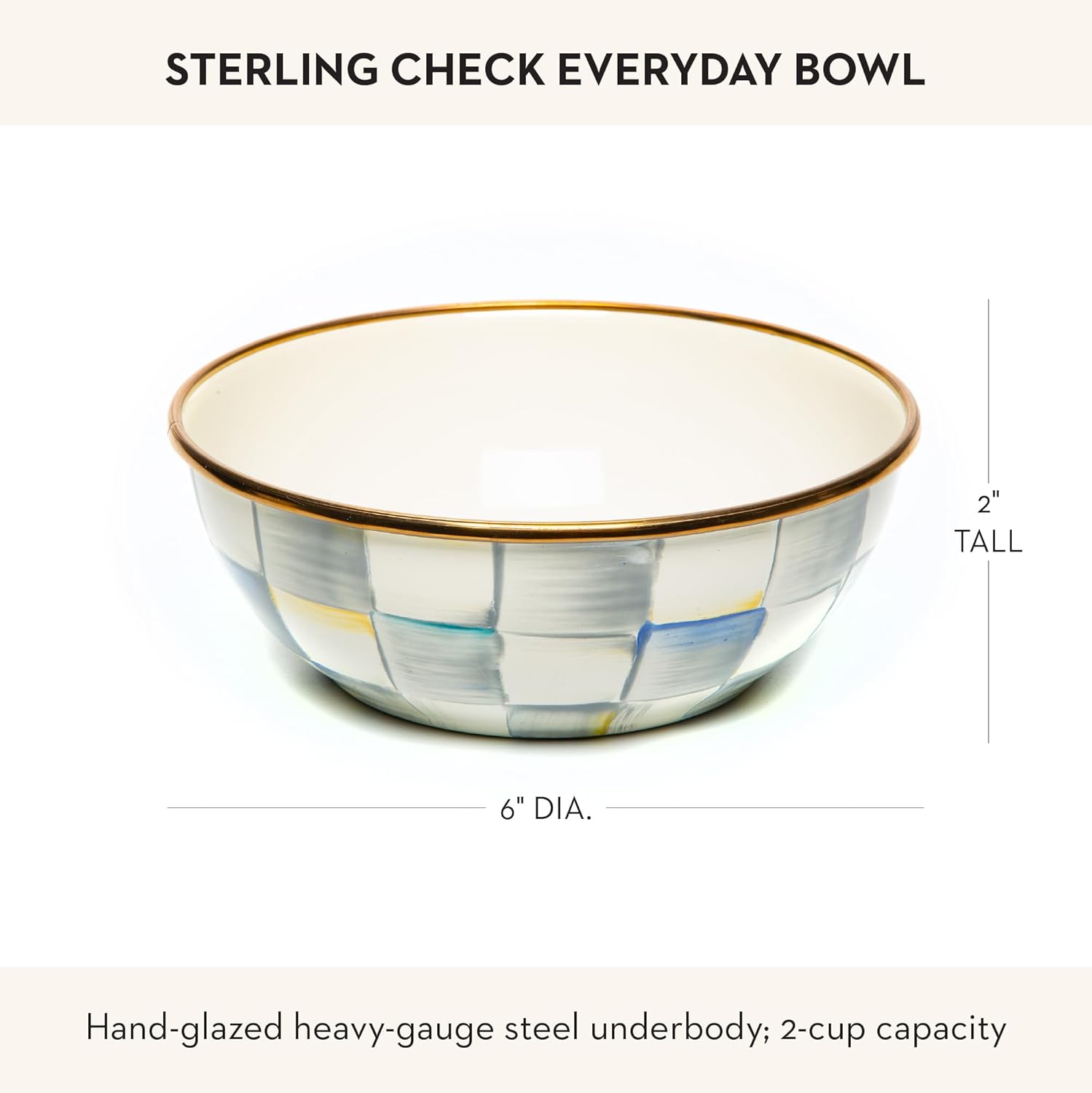 MACKENZIE-CHILDS Enamel Everyday Bowl, Serving Bowl for Entertaining, Extra-Small, Gray-and-White Sterling Check, Set of 1