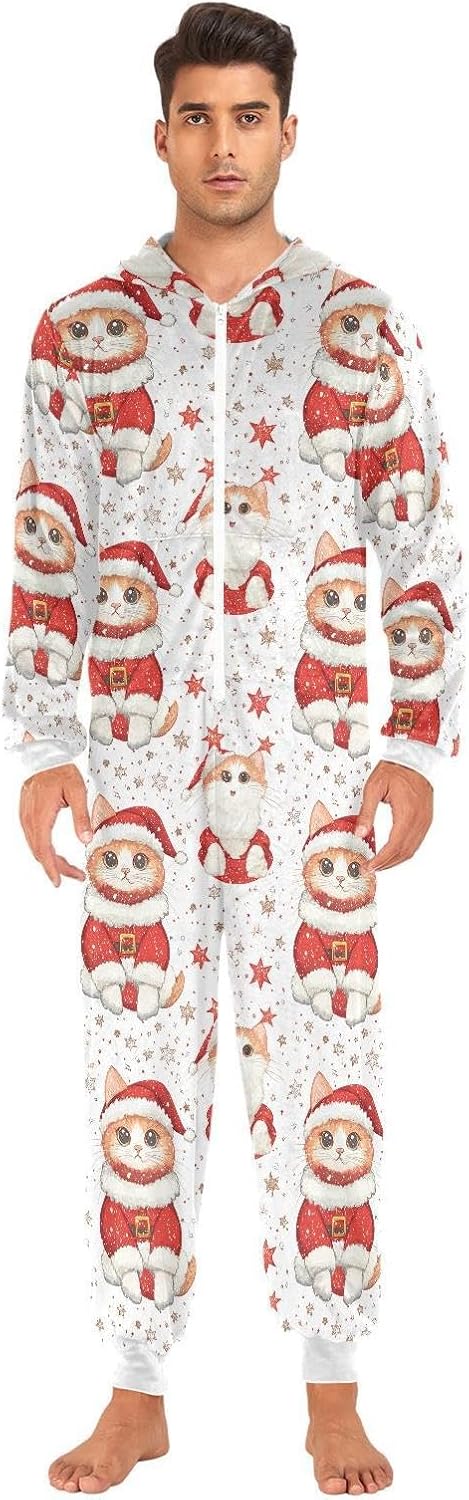 ZZKKO Cute Christmas Cat Star Adult Onesie Pajamas for Women Men Cozy One Piece Pajamas Costume Zip-Up Hooded S-XL