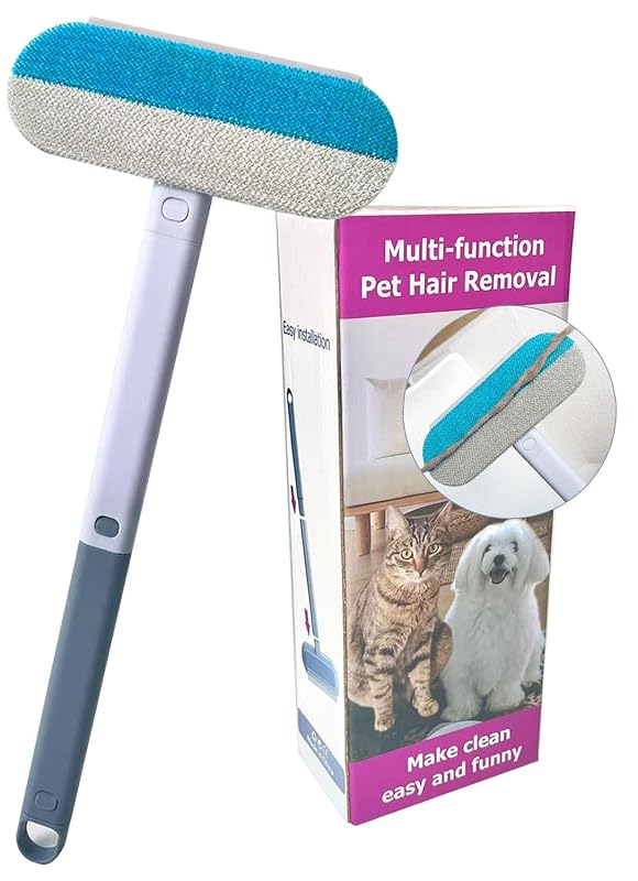 Removedor de pelos para cães e gatos com cabo longo de 45,7 cm FeiFanYiGou, escova reutilizável para sofá, tapete e carro, azul