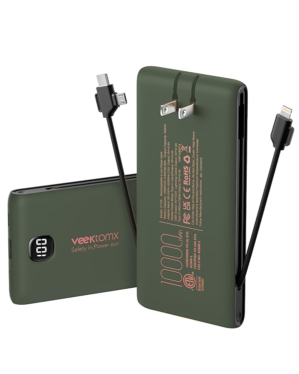 Portable Charger Power Bank Built in Cables and Wall Plug, 10000mAh iPhone Battery Pack Fast Charging, USB C External Slim Power Bank, Travel Essentials Compatible with iPhone 17 16 15 14 iPad, Green by VEEKTOMX - Used condition - US$19.30