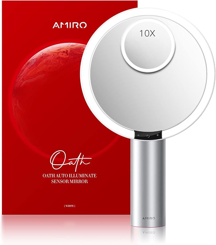Espelho para maquiagem AMIRO com LED, 9 polegadas, ampliação 10X, 3 modos de cor e 6 níveis de brilho, branco