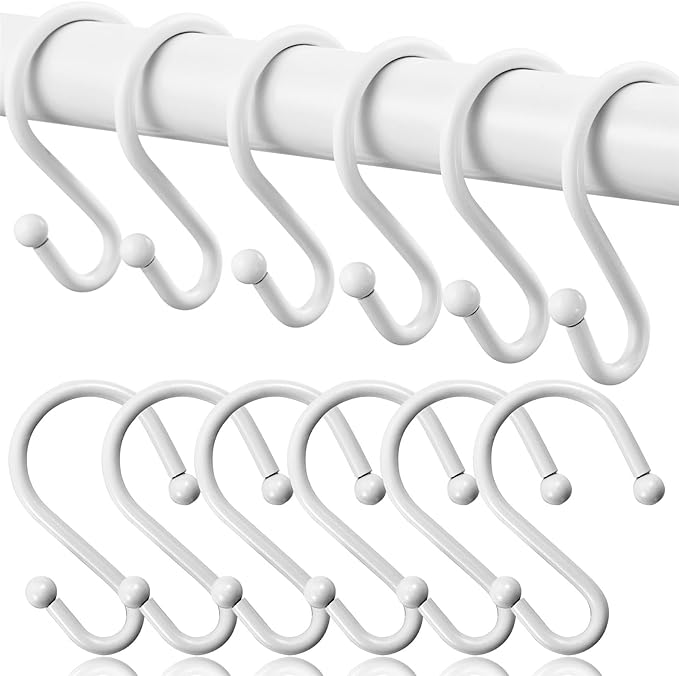 Shower Curtain Hooks, Metal Shower Hooks for Shower Curtain Rod, Rust Proof Metal Shower Curtain Rings, S Hook Set of 12,White.