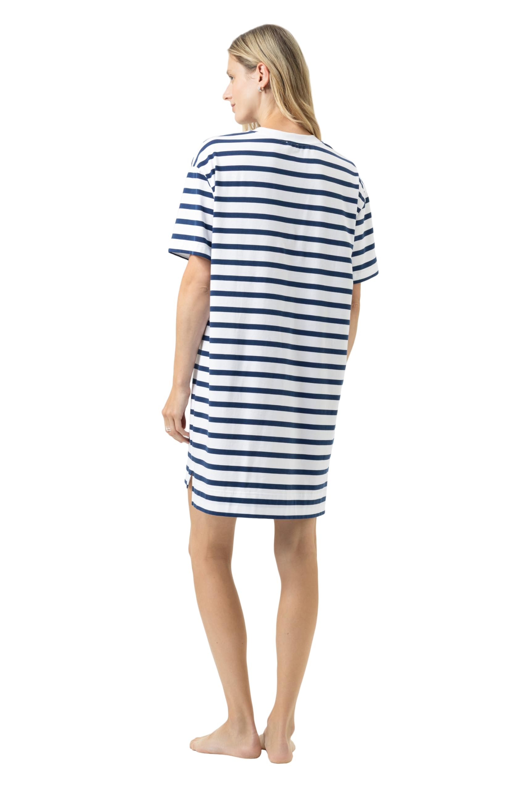 Mey Damen Nachthemd Kurzarm: Modernes Sleepshirt, Gestreiftes Design, Kurzer gerader Schnitt, Kurzarm, Überschnittene Schulter, Serie Breezy Stripes