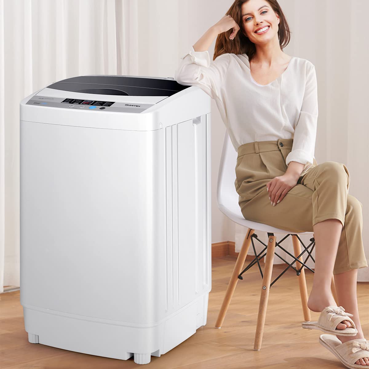 GOPLUS Machine a Laver Portable Automatique 4,5 KG avec Pompe, Charge 310W, Mini Lave Linge avec Essorage, 10 Programmes, Séchage à l’Air, Écran de Commande LED, 50x50x85 CM, Blanc, pour Appartement