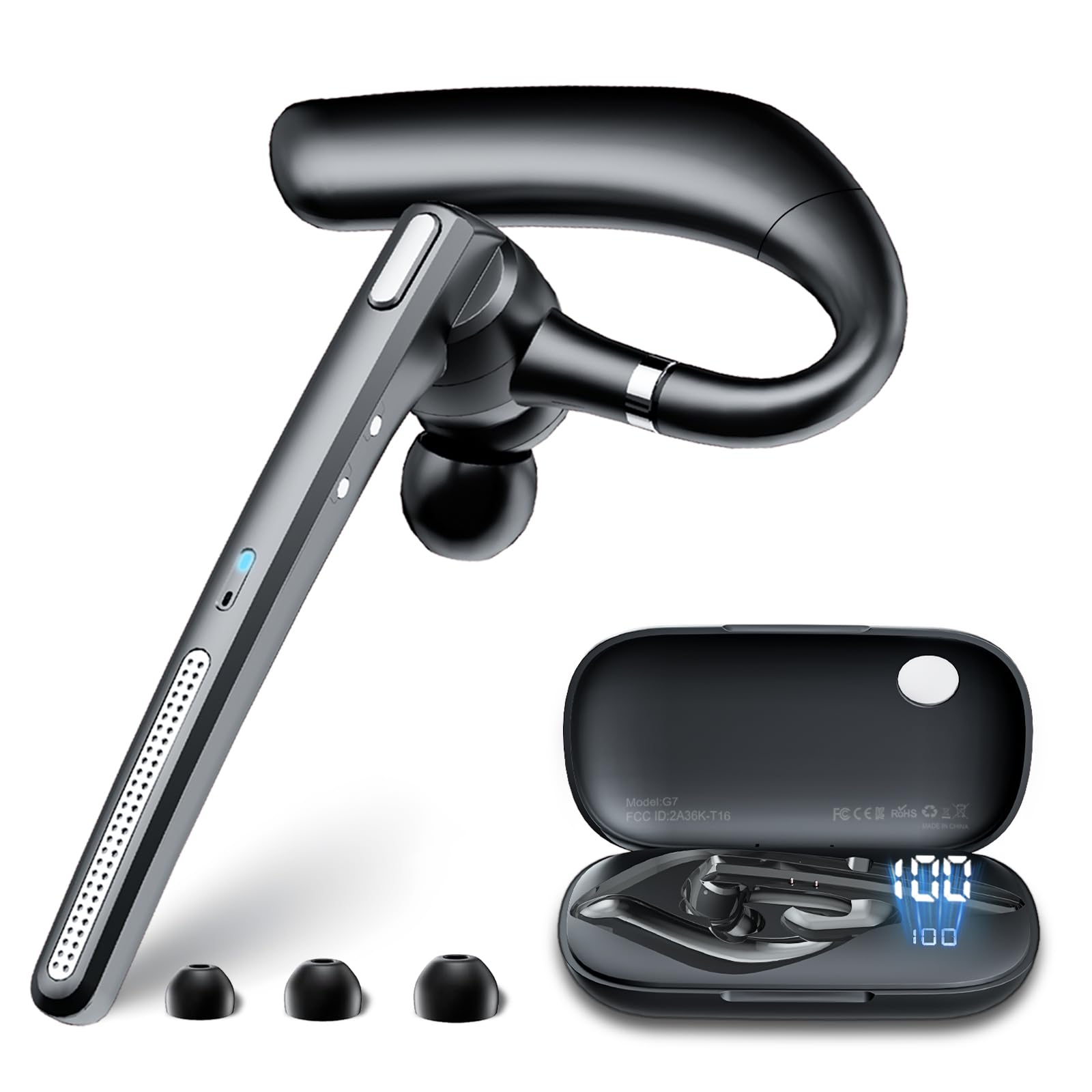 Bluetooth Headset V5.3, Wireless Earpiece with 500mAh Charging Case Hand-Free Headphones Noise Canceling Mic for Office/Driving/Business