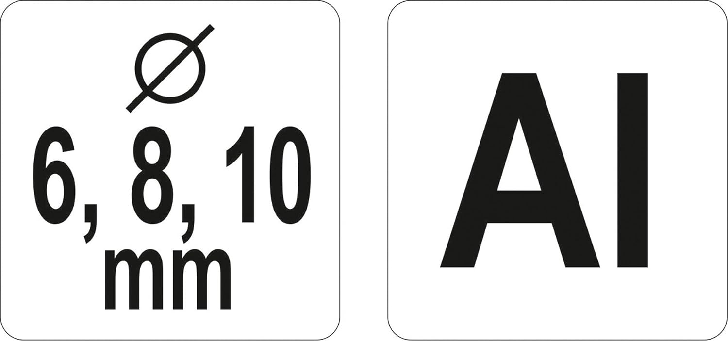 Icons indicating 6, 8, 10 mm diameters and Aluminum material