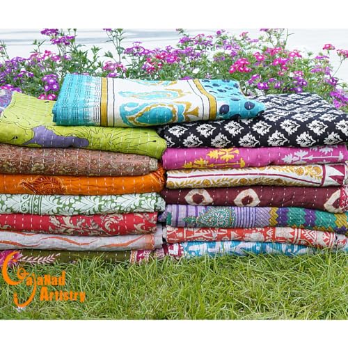 5 Piece Set Handmade Indian Vintage Kantha Quilts Reversible Bohemian Home Decor Blanket Bed Sheet Quilt for Sale – Assorted Color Twin Size 85X55 Inches