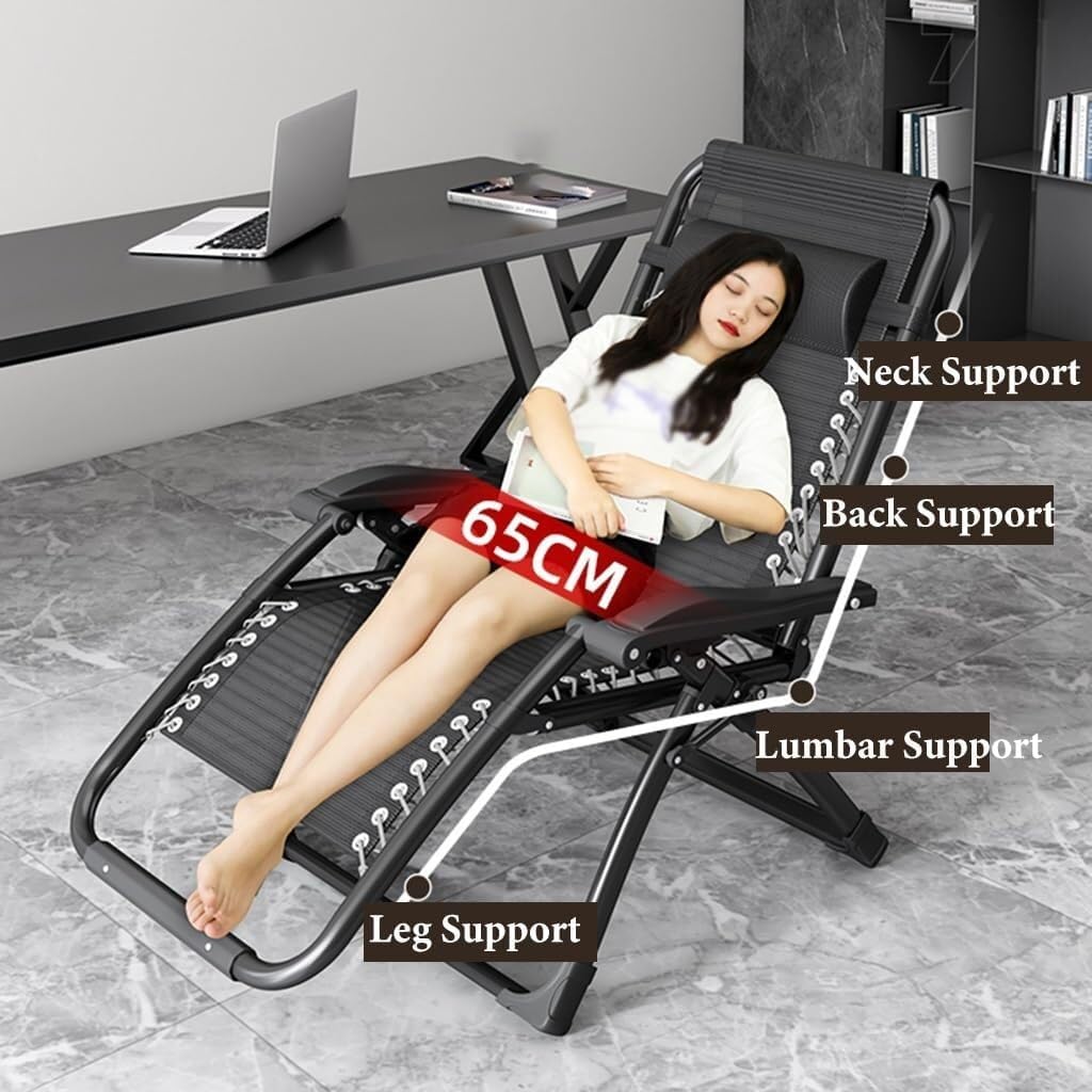 Folding Reclining Chair Outdoor with Adjustable Headrest, Zero Gravity Foot Rest & Cup Holder, Portable Lounge for Beach, Patio, Poolside, Camping, and Indoor Use(Black)
