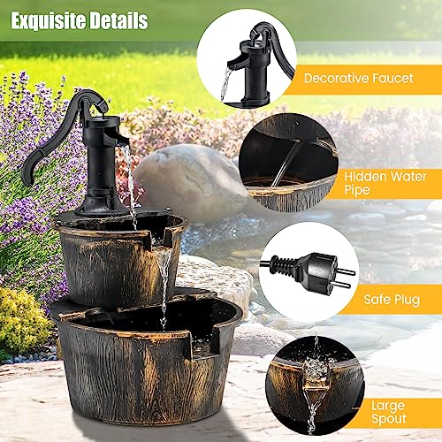 FANTASK Brunnen mit Pumpe, Springbrunnen Gartendeko, Gartenbrunnen für Balkon Terrasse Garten, 45,5 x 41 x 68 cm, Braun