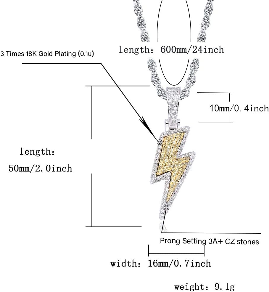 JINAO Hip Hop Lightning Bolt Design Pendant 18k Gold Plated Iced Out Cubic Zirconia Pendant Necklace with Micropave Simulated Diamond for Men Women
