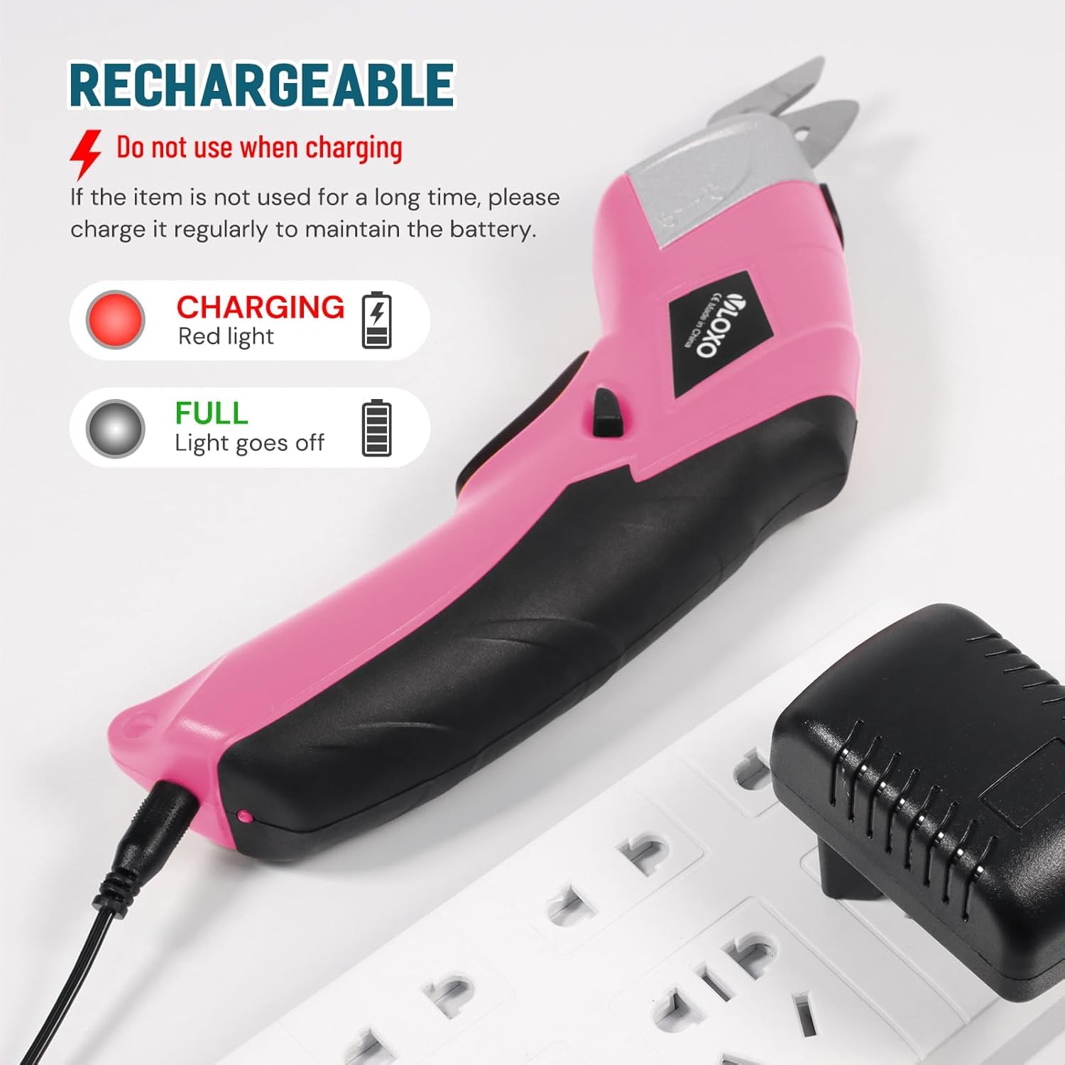 VLOXO Ciseaux Électriques Sans Fil, Ciseaux Electrique Tissu Couture avec 2 Lames, Electric Scissors pour Coupe Tissu, Carton, Cuir, Tapis, Papier, Artisanat et Bricolage – Rose