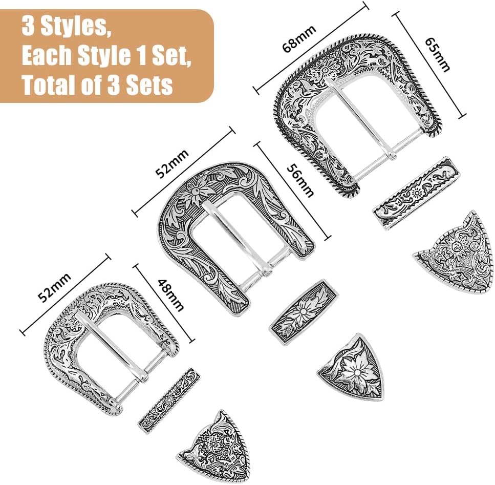 SUPERFINDINGS Western Floral Engraved Replacement Belt Buckle Set Antique Silver Belt Sets Hand Polished Cowboy Buckle Set