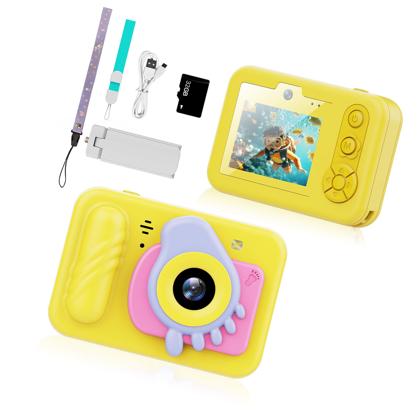 Cámara para niños de 32 GB con fotos de 48 MP, video 1080P, aumento 8X, diseño flotante para piscina, playa, nieve, aventuras, piscina