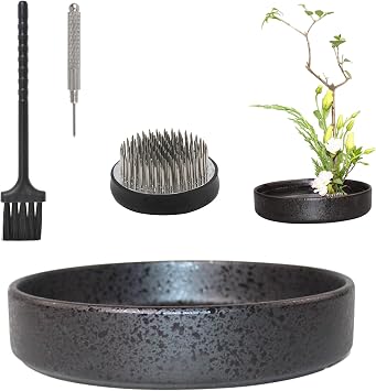 WANDIC Flower Arranging Supplies, Round Ceramic Ikebana vases with 6cm Round Flower Frog for Ikebana Floral Arrangement Home Decoration, Black Spotted