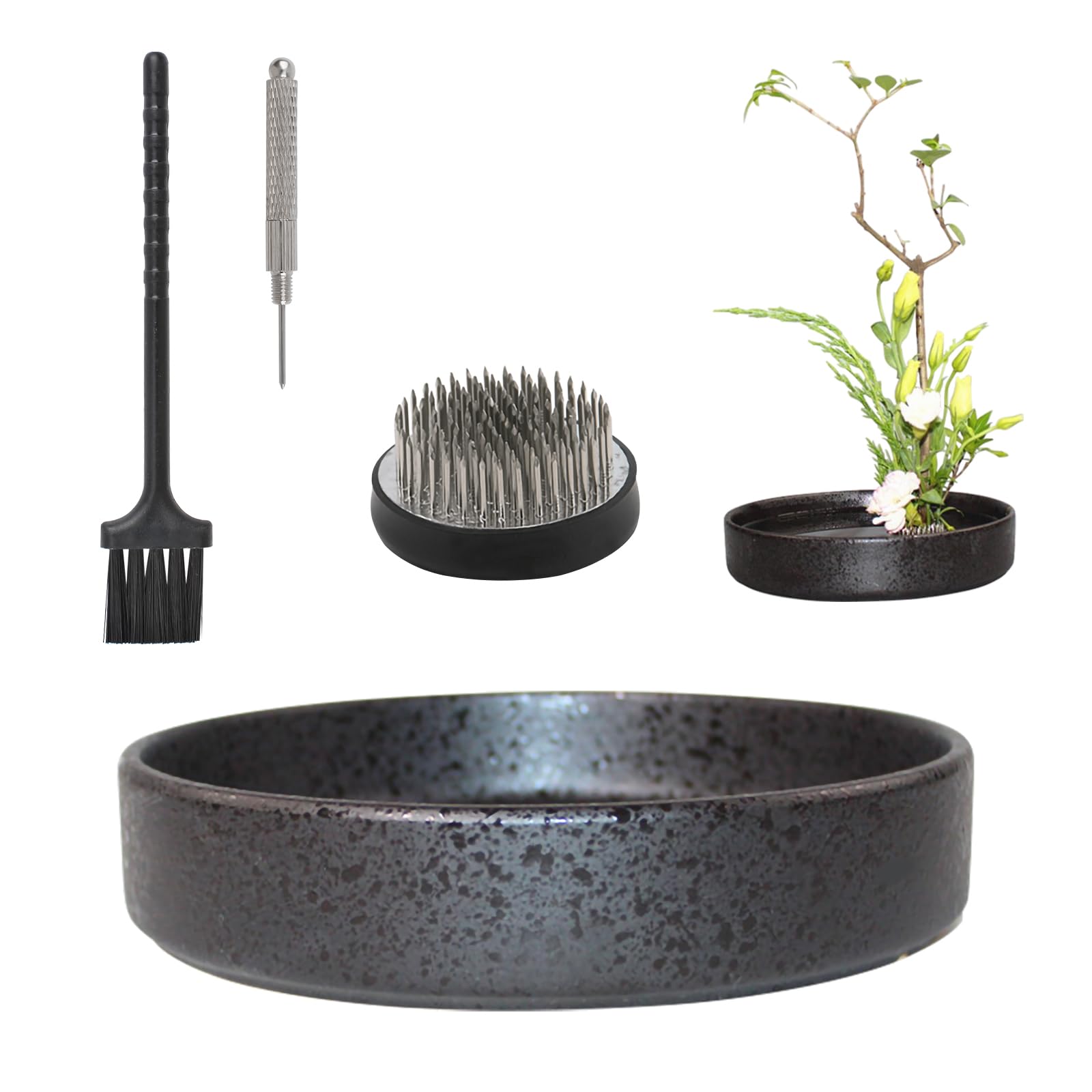WANDIC Flower Arranging Supplies, Round Ceramic Ikebana vases with 6cm Round Flower Frog for Ikebana Floral Arrangement Home Decoration, Black Spotted