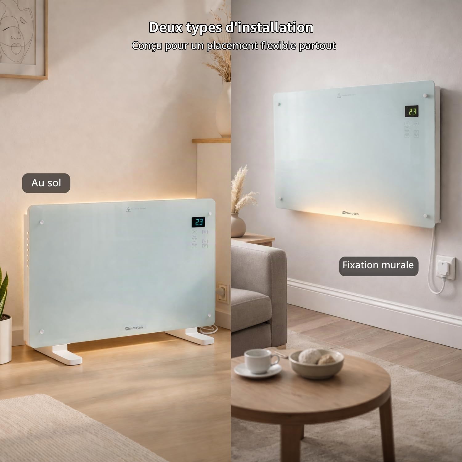 M mimotec – Radiateur convecteur électrique en verre blanc Glass 2000W, silencieux 0 dB, avec écran LED, minuterie et verrouillage enfant, IP24 et anti-surchauffe, installation au sol ou murale.