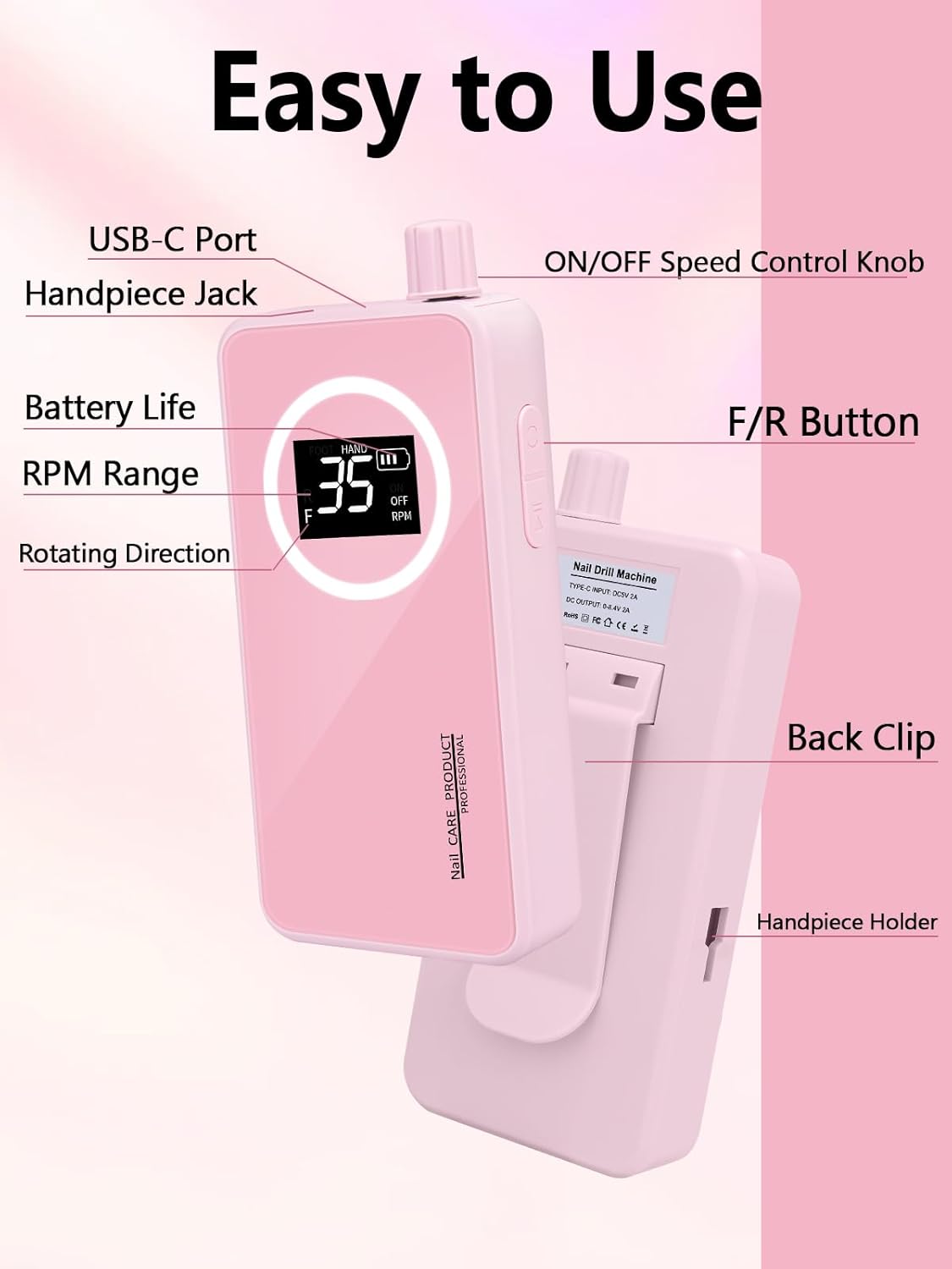 Nail Drill, Portable Electric Nail File 50000RPM, Rechargeable Nail Drill Professional with Bits for Acrylic Gel Nails, E-File Machine Manicure Polishing for Salon Home,Pink - Image 4