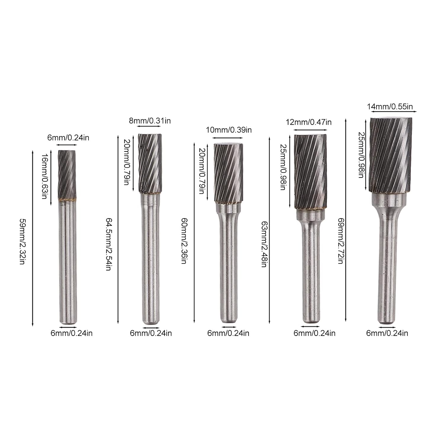 Carbide Burr Set 5Pcs Professional Rotary Files High Strength Single Cut Engraving Polishing Drilling for Aviation Automobile Ship Cemented Carbide Silver 6mm to 14mm