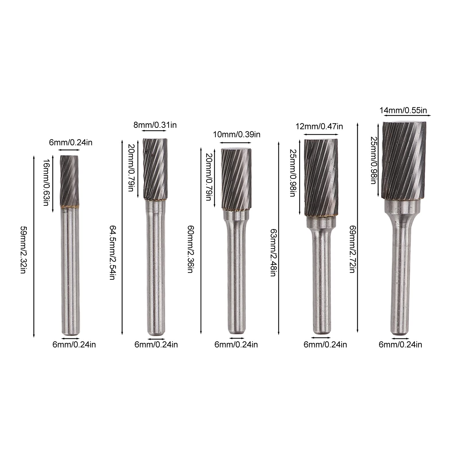Ausla Hartmetall-Frässtift-Set, Einzelschnitt-Rotationsfeile, 5-teilig, Hartmetall mit 6-mm-Schaft, 6-mm- Bis 14-Köpfe Zum Gravieren, Polieren, Bohren, Schleifen auf Metallbearbeitungswerkzeugen