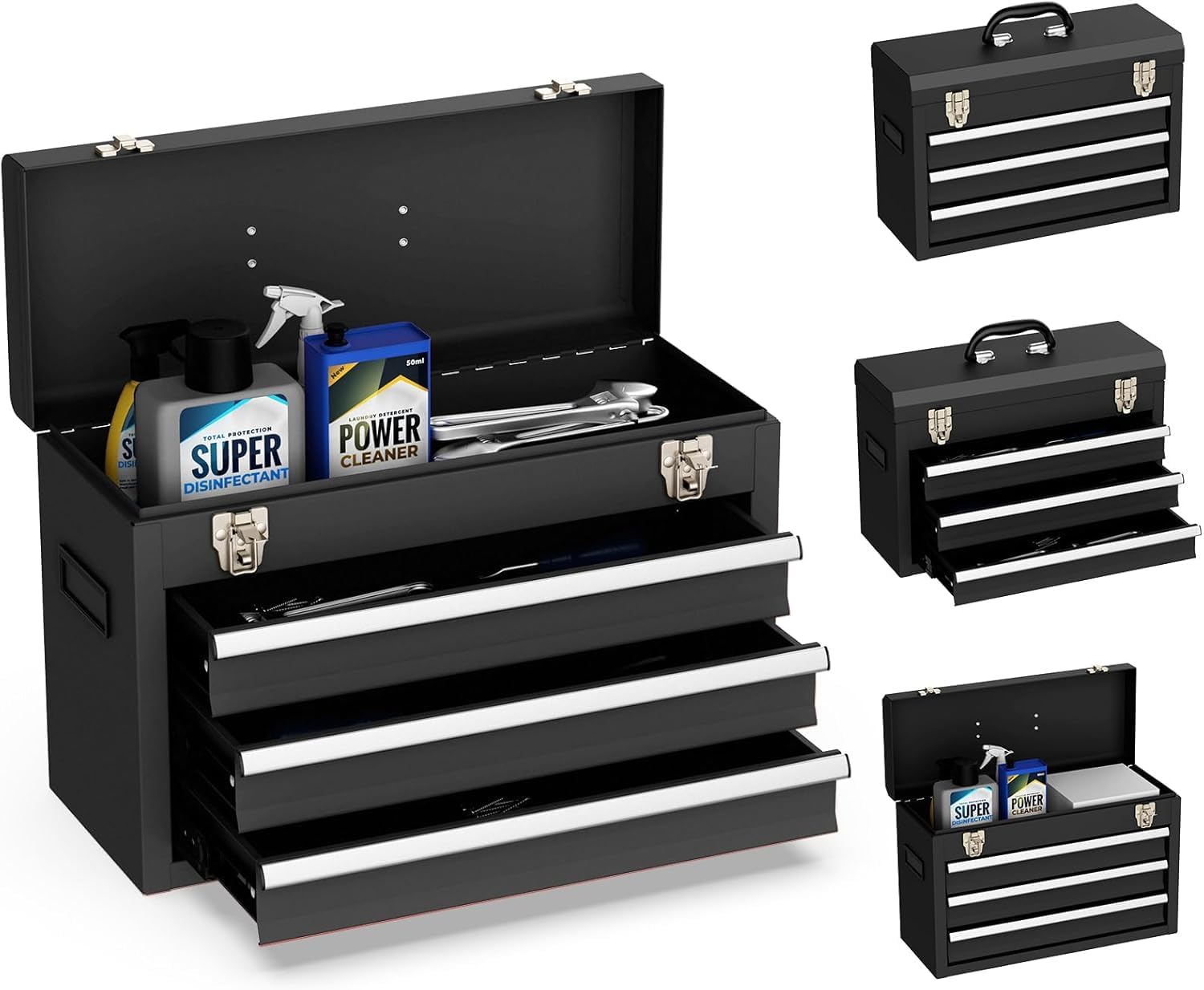 Portable Metal Tool Box, 3 Drawer Steel Tool Box with Top Storage Tray and carrying Handle, Multi-Function Tool Storage with Anti-slip Liner for Garage, Home, or Workbench (Black)