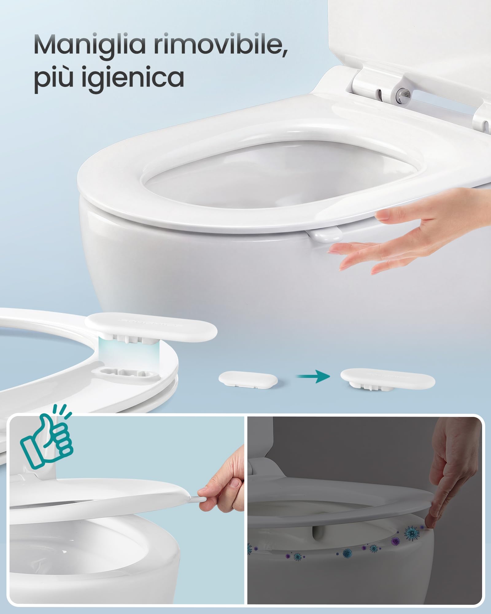 SONGMICS Sedile WC a Forma di D Lungo, Copriwater a Chiusura Rallentata, Sgancio Rapido, Asse WC Universale Facile da Montare, Sedile Water in Urea-duroplast, Regge 300 kg, Bianco BTL102WZ01 - 4