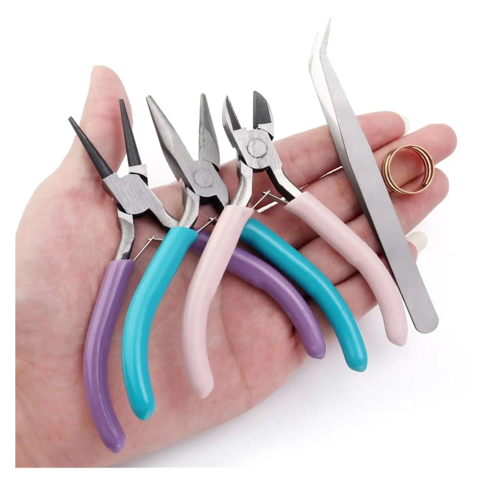 PezziPinze per Creazione Gioielli Set di pinze in metallo portatile a 3 colori, a becco tondo, pinzette, kit for lavori artigianali, perline, cucito e fai da te(5pcs)