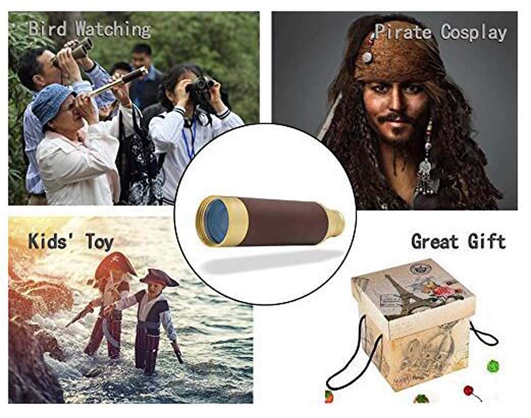 Telescopio/Telescopio Pirata de latón, Catalejo Marino con Zoom de 25X30, Alcance monocular de Mano Plegable con versión de día y Noche para niños, Regalos, Viajes, Senderismo, Caza, navegación