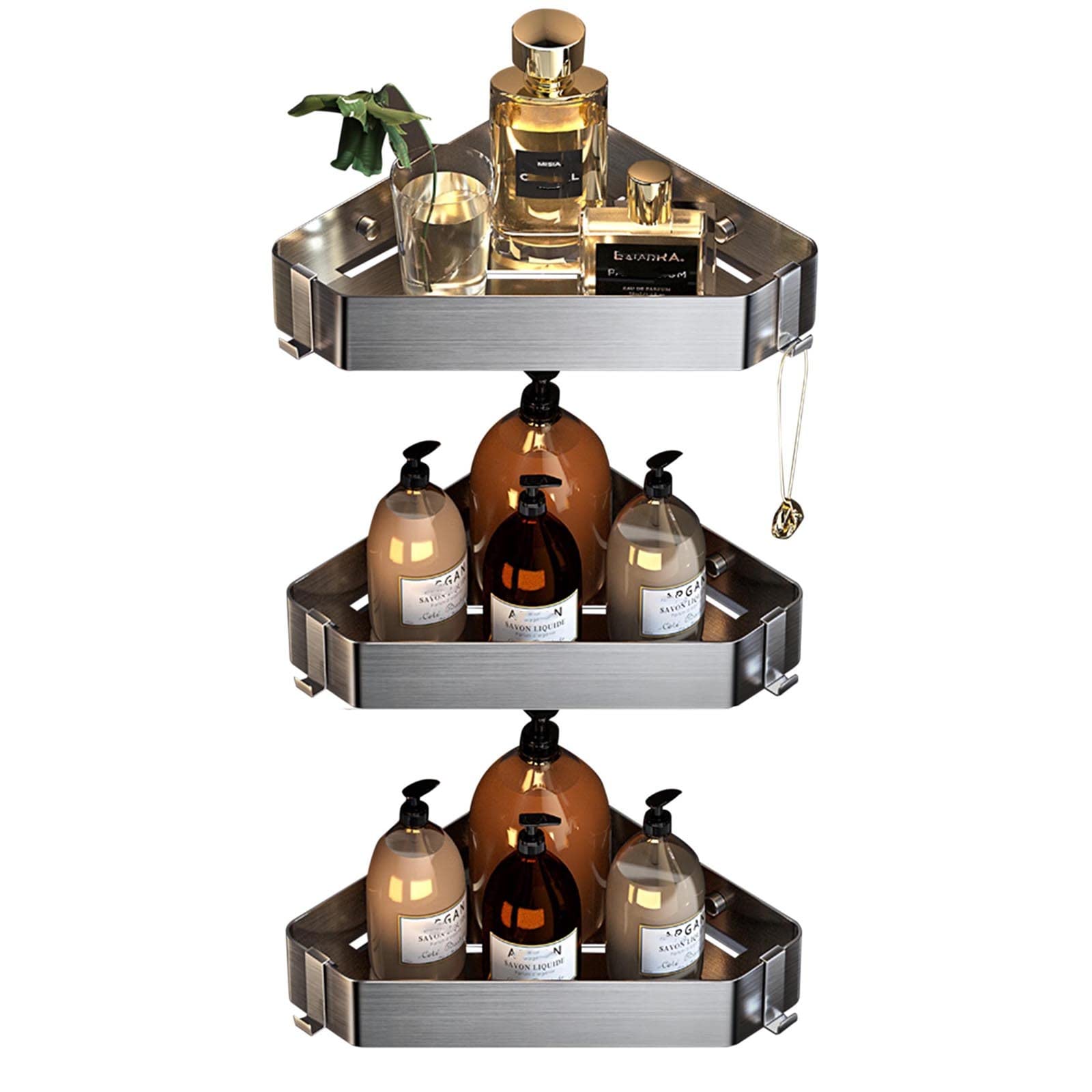 Eckregal Fürs Badezimmer Mit Haken, Selbstklebend, Aus Edelstahl, Zur Wandmontage Ohne Bohren, Für Wc, Spiegel, 4. Stock(Gebürstet – 3 Etagen)