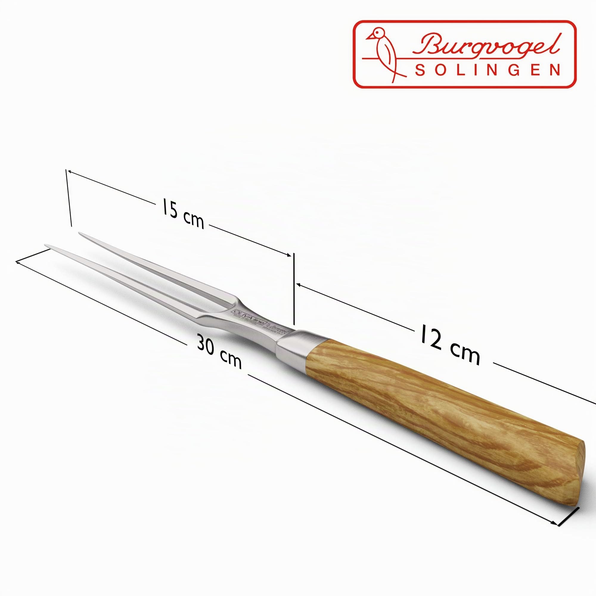 Burgvogel Solingen Fleischgabel 15 cm geschmiedet Olivenholz, Oliva Line, Grillgabel rostfrei, Wurstgabel, deutsche Tranchiergabel, Braun Beige, A 6“ = 15 cm, 8050.926.15.0