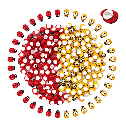 Abeilles en Bois et Coccinelles en Bois,100 PCS Mini Adhésif Abeilles + 100 PCS Coccinelles Embellissements Auto-adhésifs Coccinelle Decoration pour...