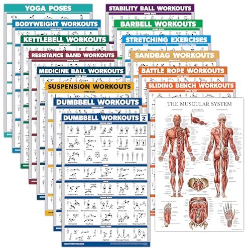 15 Pack - Exercise Poster Set, Dumbbell, Suspension, Kettlebell, Resistance