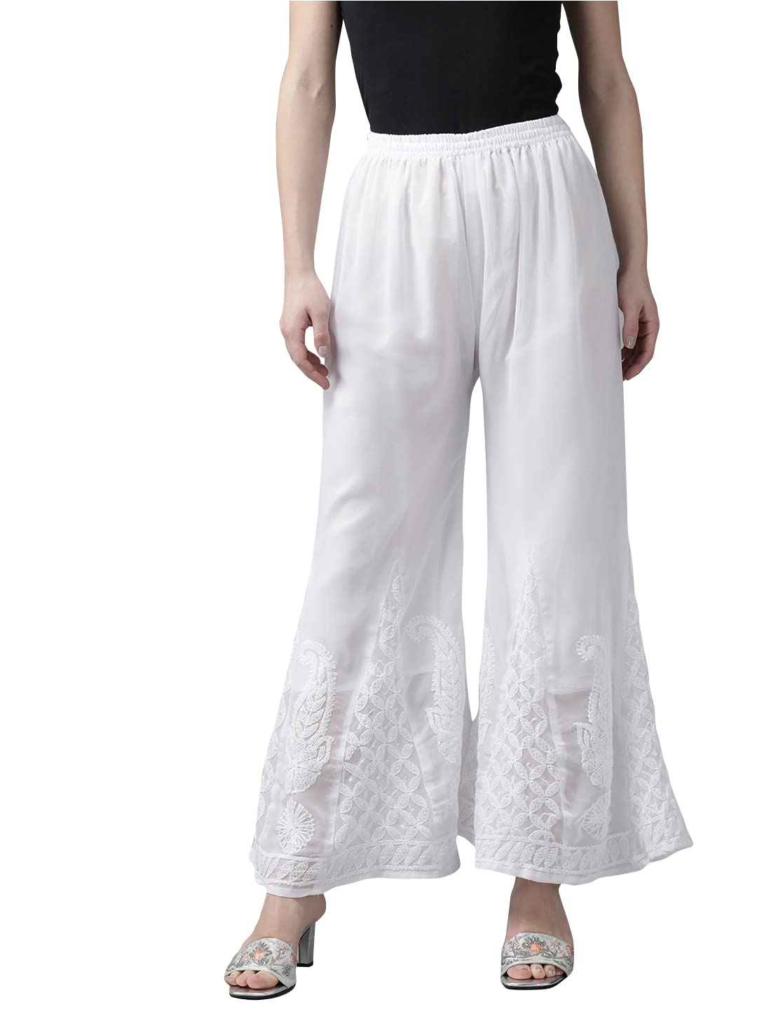 Ada Traditional Handcrafted Lucknowi Chikankari Georgette Flared Palazzo for Women A711165 White