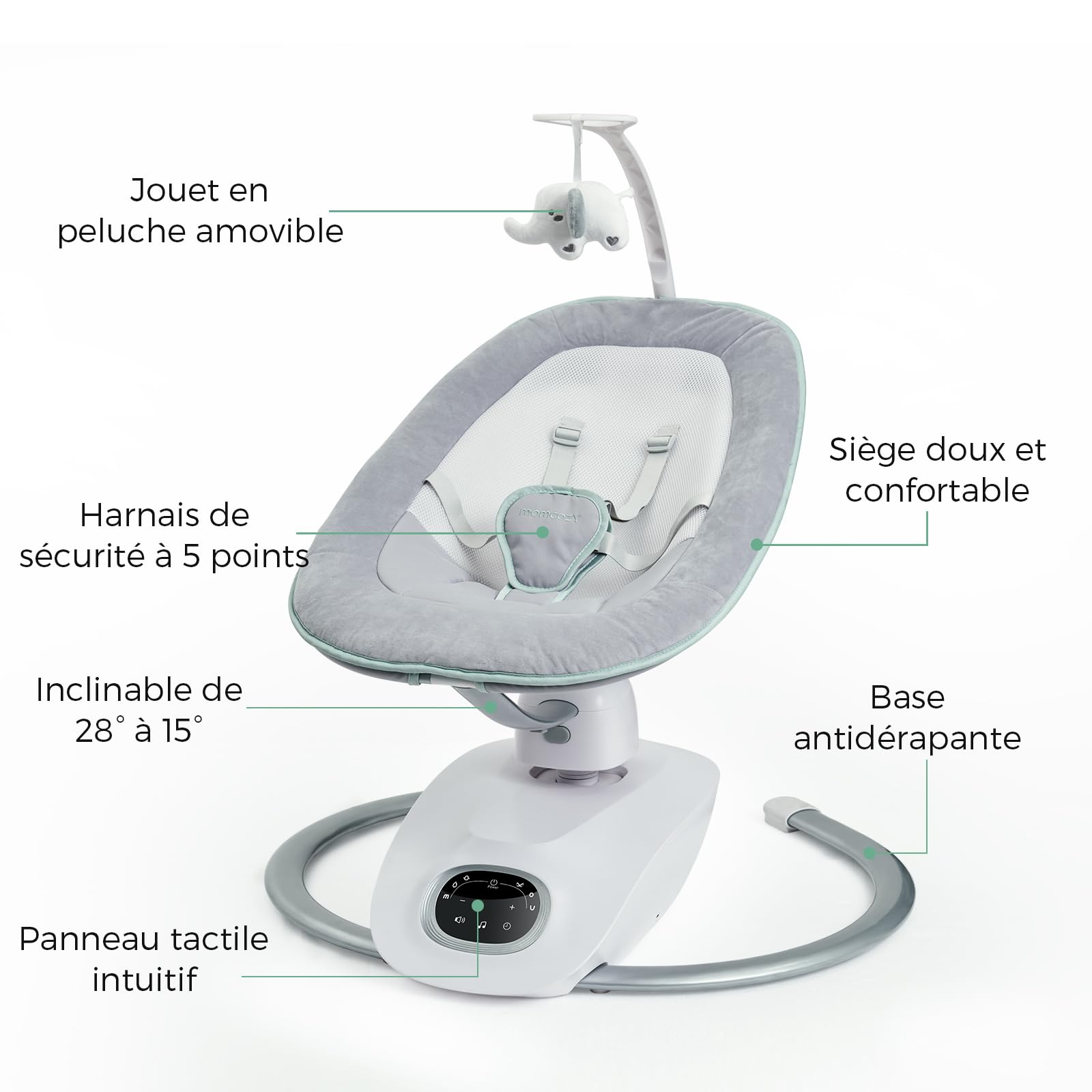 Momcozy CocoSway Balancelle Bébé Électrique, 3D-Motion, Télécommande, Gris | 6 Modes, 4 Vitesses, Siège Pivotant 180°, Transats, Balançoires, Nourrissons, Tout-petits, 5 Harnais, Berceuses