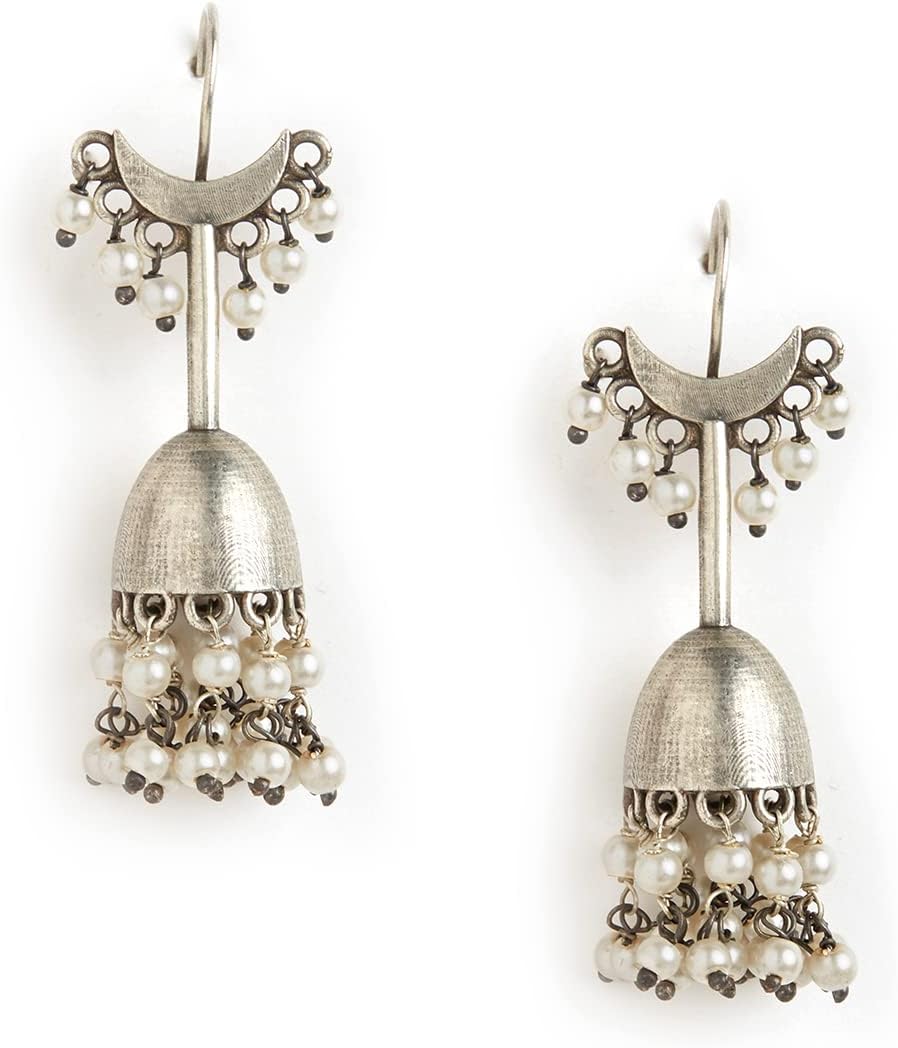 Binnis wardrobe Dual-Toned textured long jhumka with hanging pearl handcrafted earrings