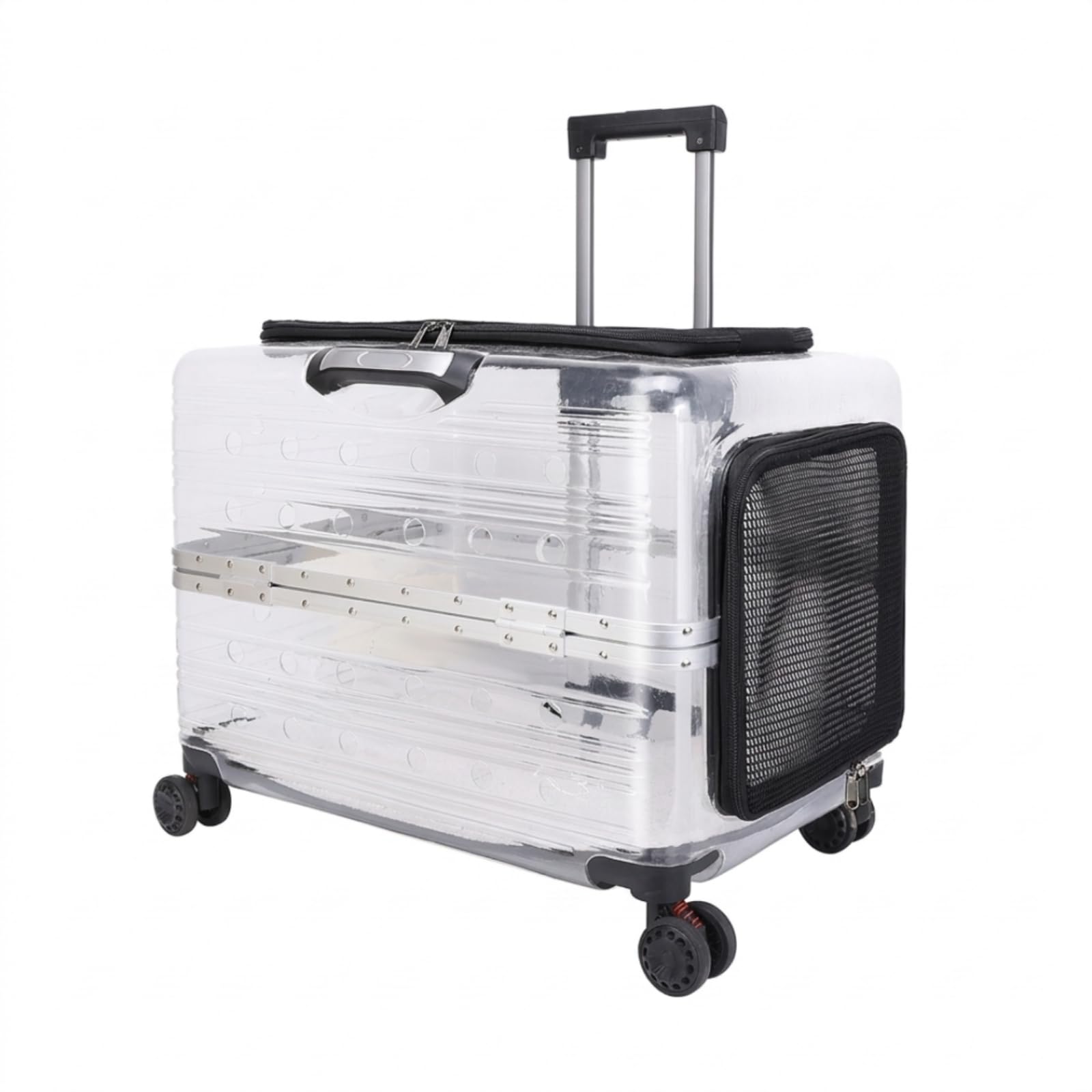 Transportín Transparente con Ruedas Rígido Transportín con Ruedas Ventilado Maleta Transportadora para Gatos, Perros Pequeños, Negro Transparente