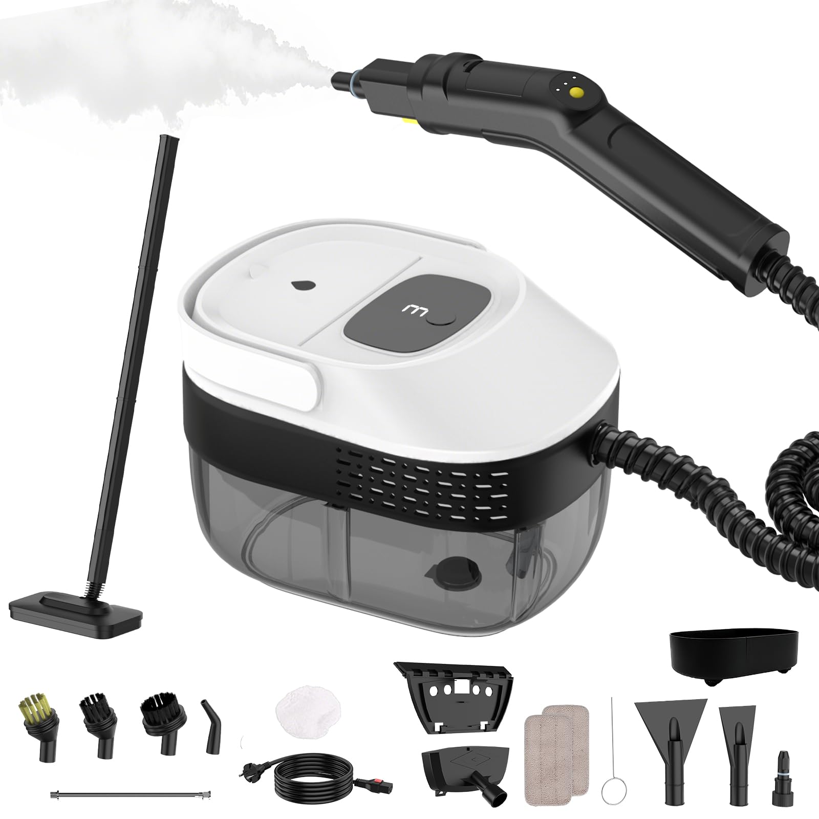 Nettoyeur Vapeur avec Balai, Poignée Réglable à 3 Positions, Chariot de Transport, Réservoir d'eau de 1,6 L, Temps de Chauffe de 15 Secondes, 17 Accessoires, pour Sols, Cuisines, Fenêtres