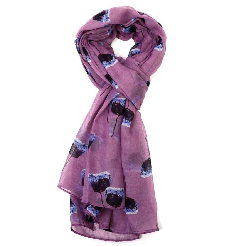 LilyRosa® Poppy Scarf, White Coral Mustard Purple Blue Poppies Flower Floral Wrap Shawl (Purple)