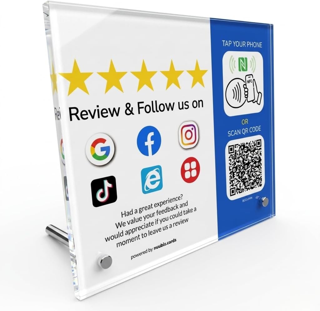Review Stand & Follow Us on Social Media Sign for Instagram & Facebook, NFC Tap & QR Code Acrylic Display to Review & Follow, Easy Setup, Smartphone Compatible, No App, No Fees