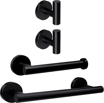 SEIDO 4-Piece Matte Black Bathroom Accessories Set 12 Inch Towel Bar with Toilet Paper Holder & 2 Hooks - SUS 304 Stainless Steel Wall Mounted Hardware for Small Bathroom, Kitchen, Lavatory