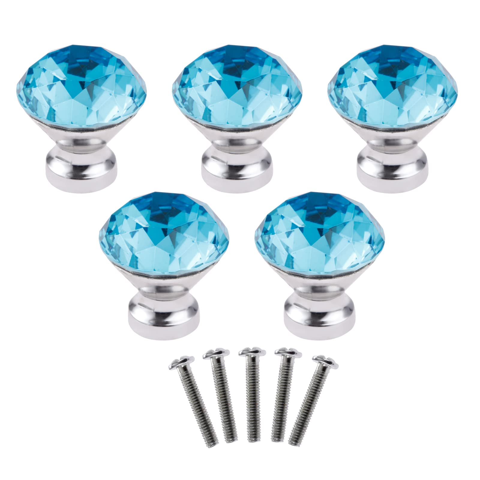 Yetaha 5PCS Glass Cabinet Knobs, Diamond Shape Drawer Handles Crystal Pulls for Closet Dresser Wardrobe Cupboard Bedroom Kitchen Furniture Decoration, Lake Blue, with Screws