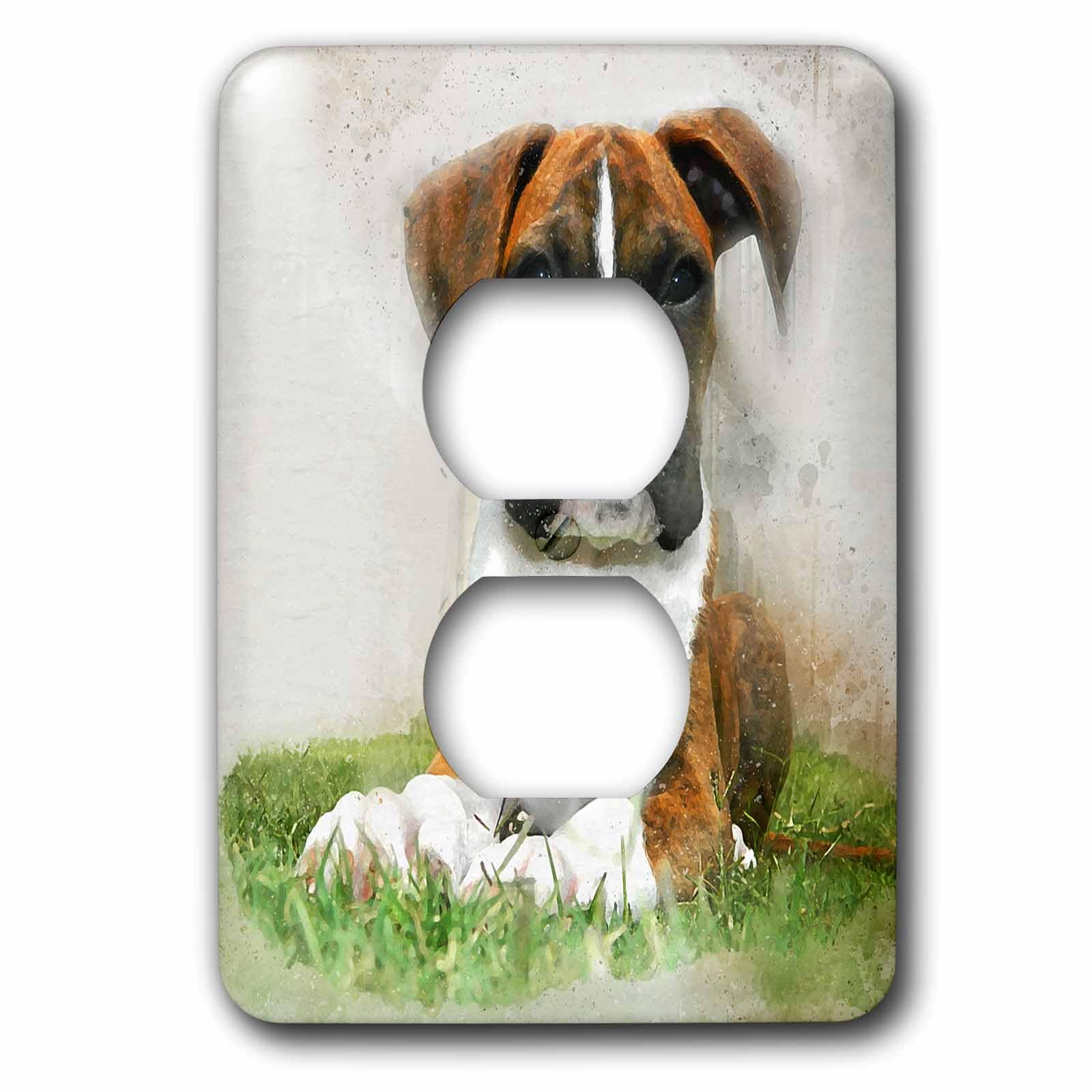 Boxer Chiot couché dans l'herbe plaque 2 prises multicolore 3D Rose aquarelle